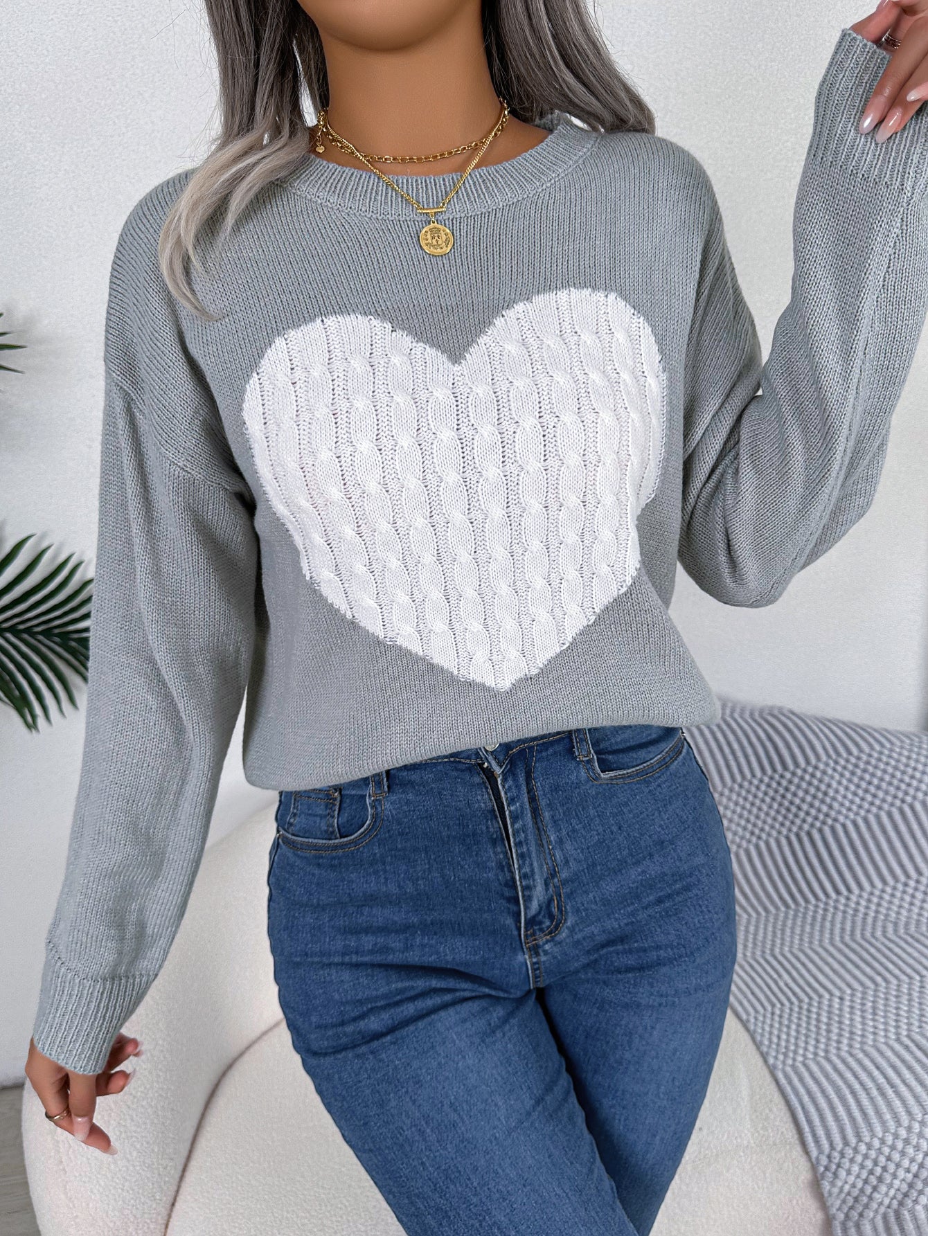 Women Cable Knit Heart Long Sleeve Pullover Sweater