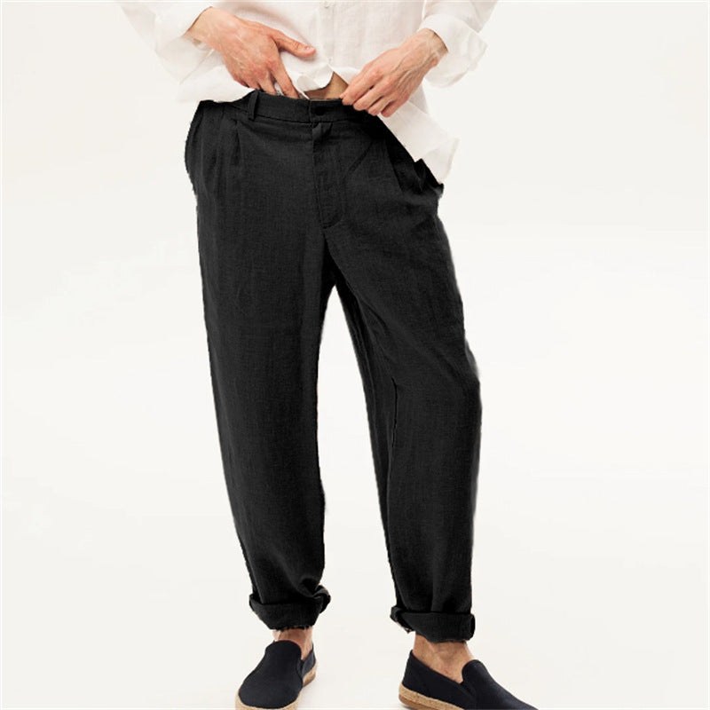 Linen Front Dart Diagonal Pocket Loose Straight Casual Breathable Trousers for men