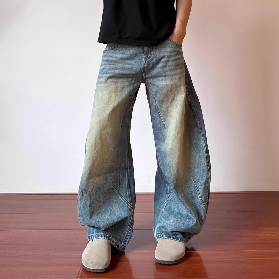 Retro Design Deconstructed Pleated Washed Blue Jeans for men