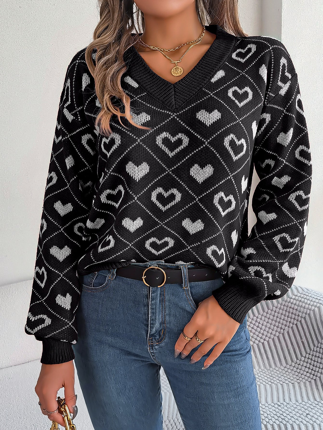 Women Sweet Color Block Heart Lantern Sleeve Pullover Sweater