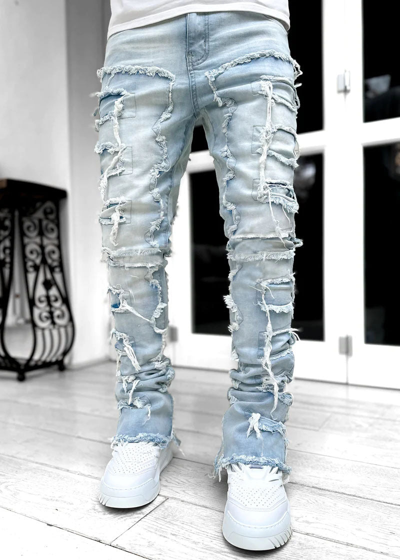 Ins Fringes Ripped Trousers Individual Patched Pants Long Tight Fit Stacked Jeans for Men Clothing