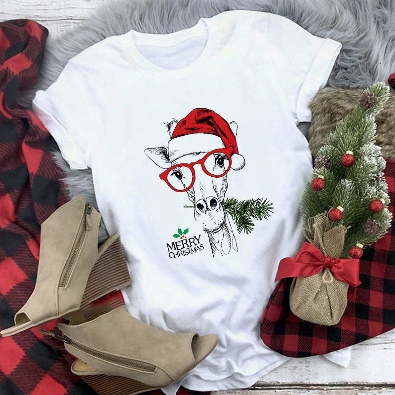 Cute Animal Christmas Clothes Printed Short Sleeve for Men and Women