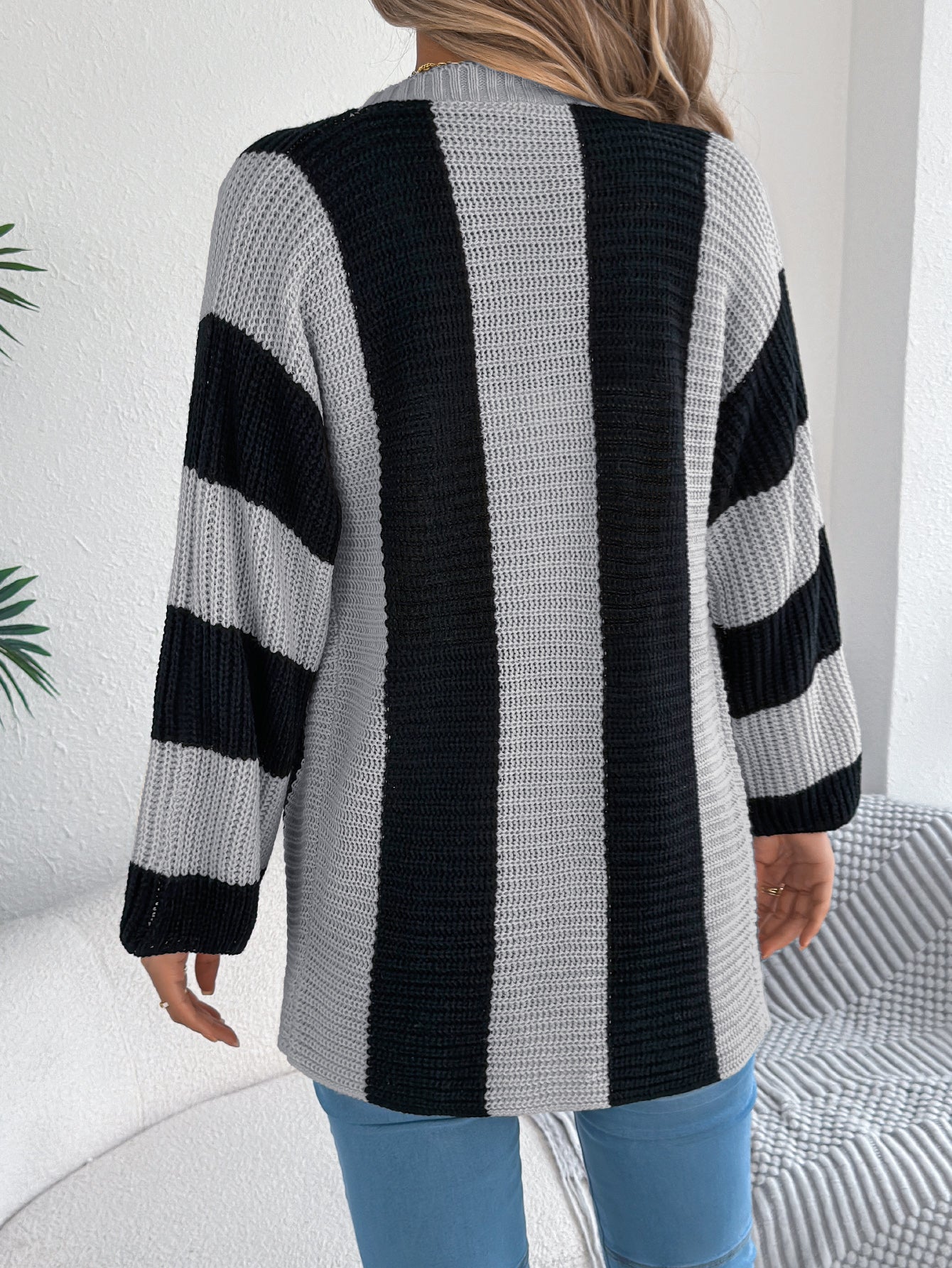 Women Color Block Stripe Bell Sleeve Long Sleeve Cardigan Sweater Coat