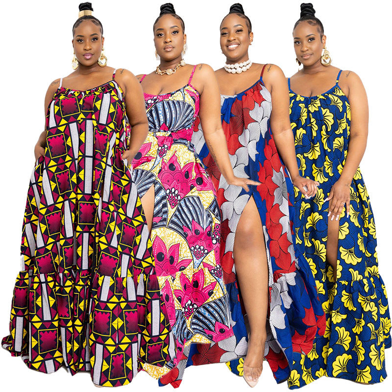 African's Strap Printed Holiday Big Hem Oversize Dress