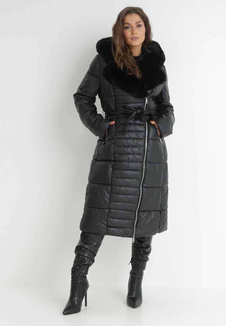 Women's winter coat long puffer jacket in black color for women with belt and