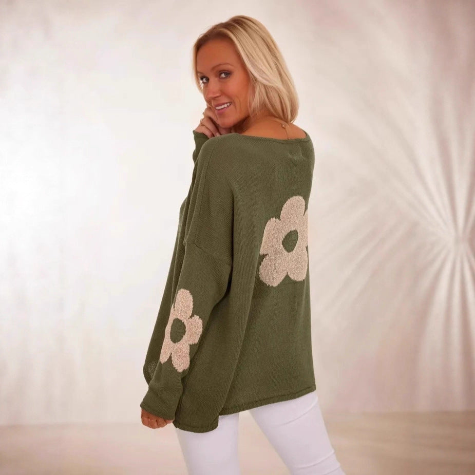 Graceful Floral Jacquard-knit Loose-fitting Crew-neck Pullover