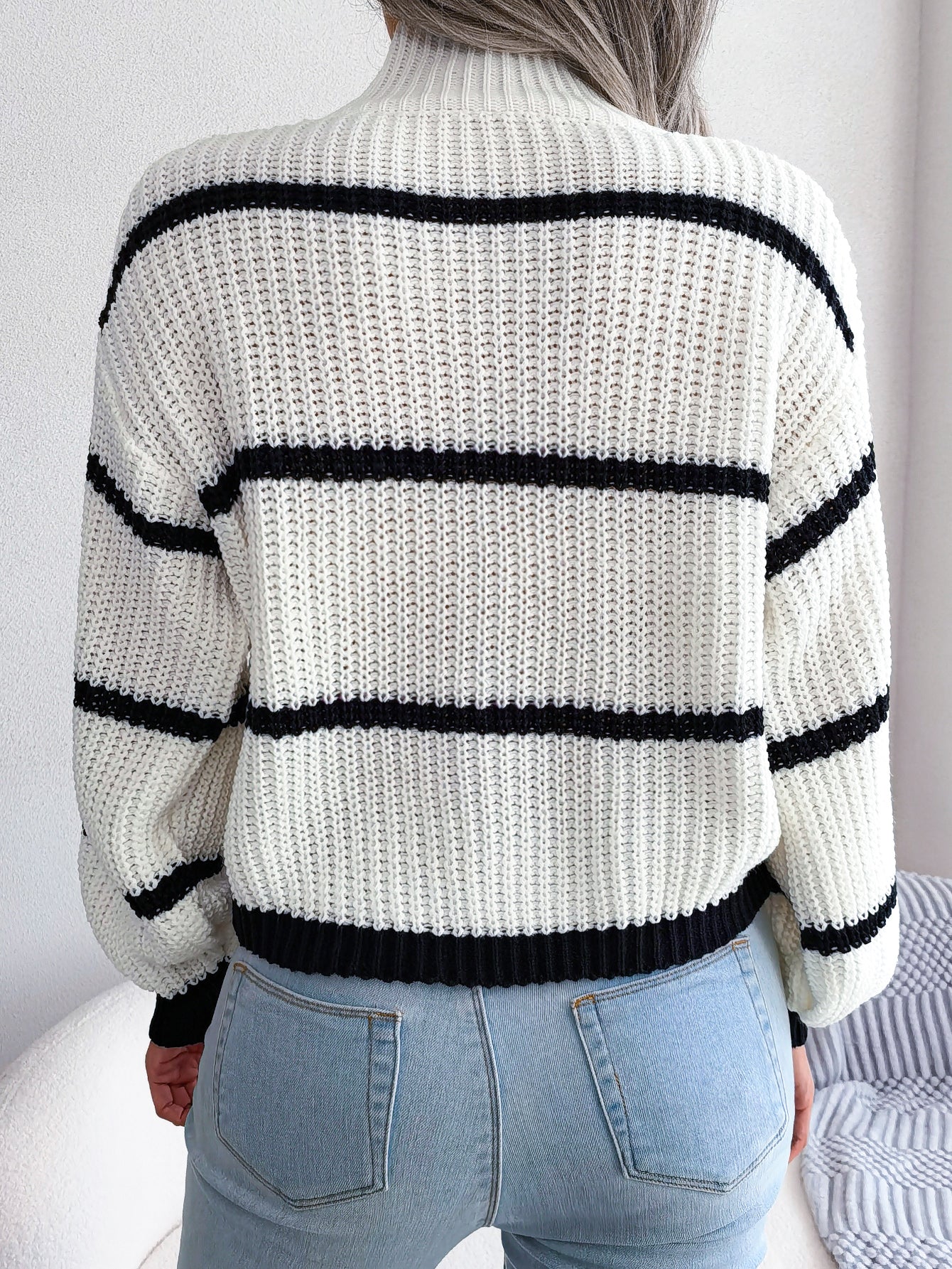 Women Casual Striped Lantern Sleeve Half Turtleneck Knit Sweater