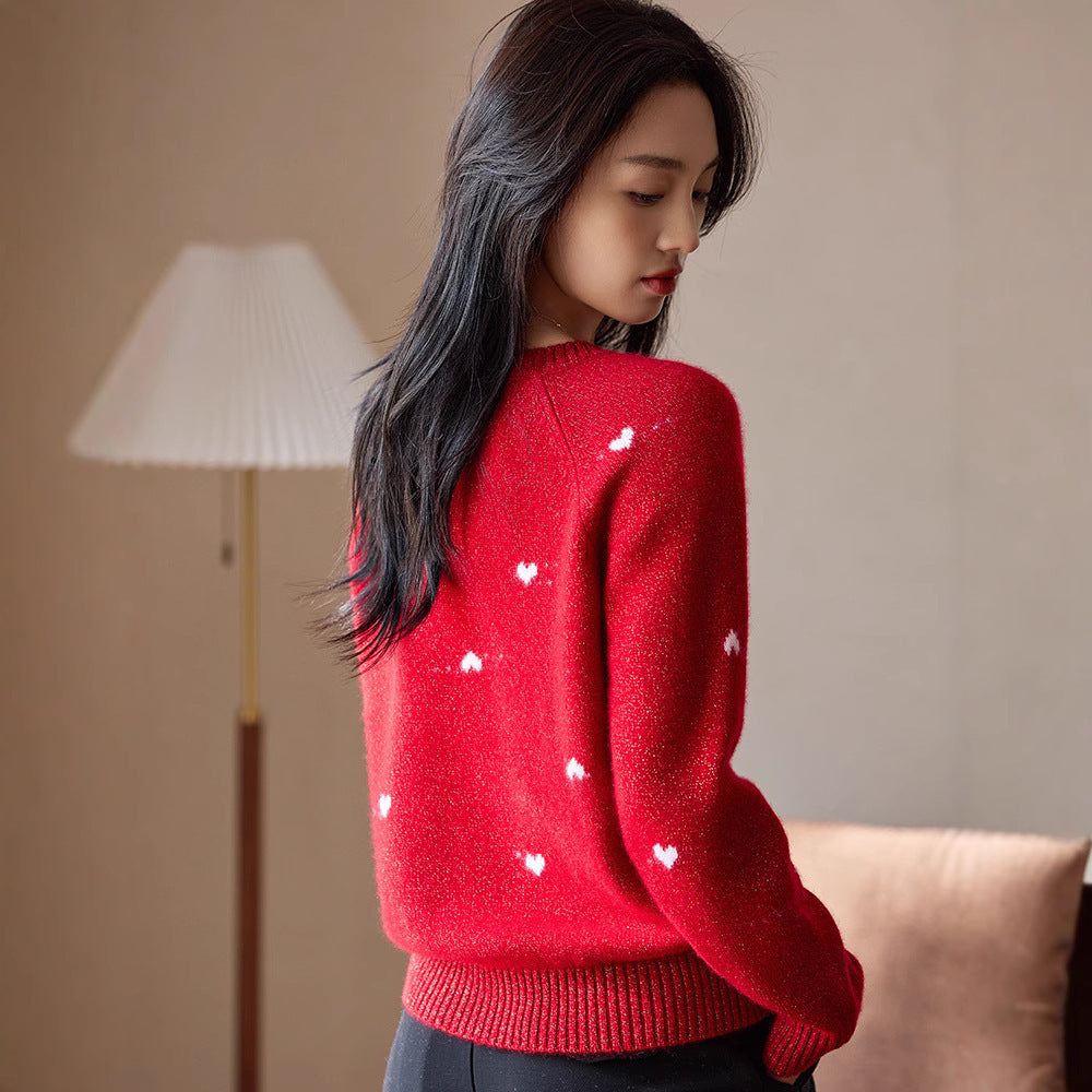 Women's High-end Red Crew-neck Sweater with Heart Motif