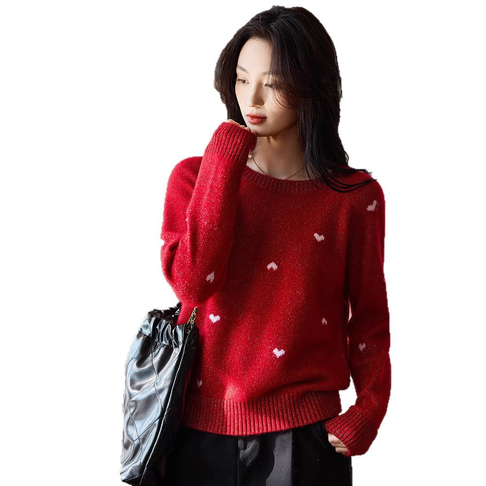 Women's High-end Red Crew-neck Sweater with Heart Motif