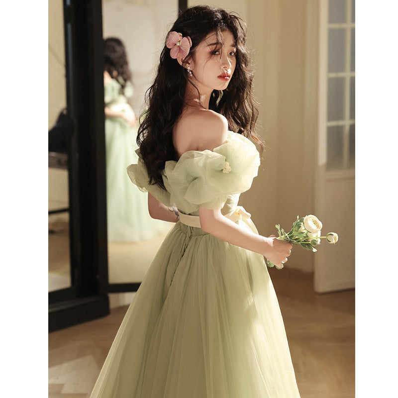 Green Off-shoulder Evening High-end Affordable Luxury Niche Dress