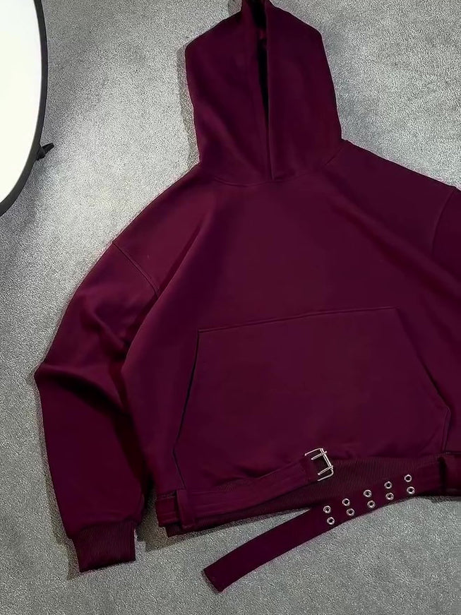 Burgundy Oversize Hoodie with Side Belt for men