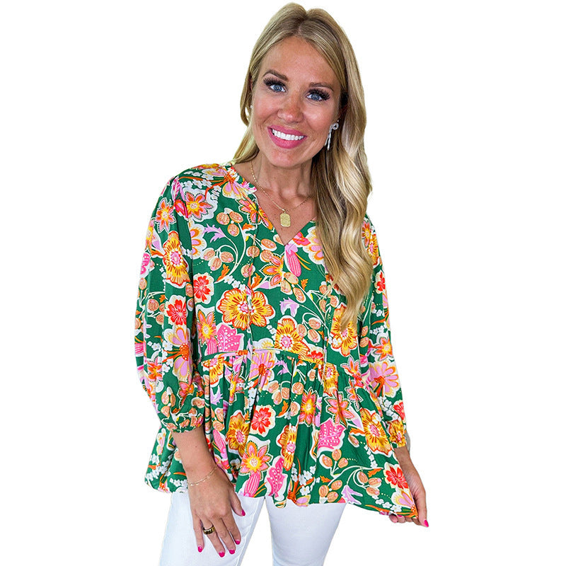 Loose Slim Fit V-neck Spring Floral Print Pullover Top