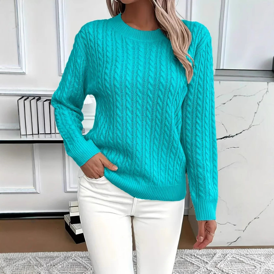 Ins Twist Round Neck Pullover Sweater Fashion Solid Color Long-sleeved Knitted Top for Women
