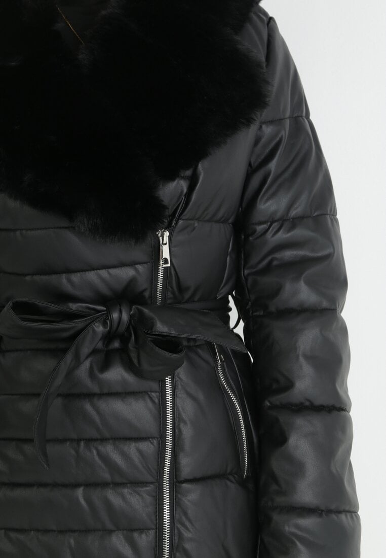 Women's winter coat long puffer jacket in black color for women with belt and