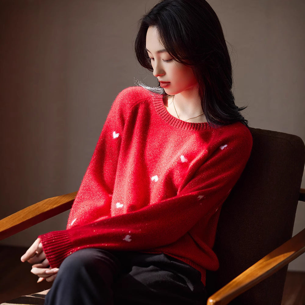 Women's High-end Red Crew-neck Sweater with Heart Motif