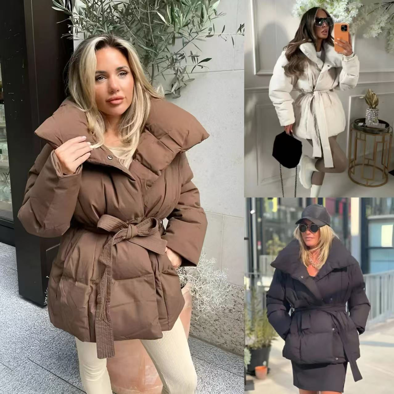 Winter Thickened Jacket Fashion Lapel Cotton Coat with Belt Warm Casual Top Outwear Women's Clothing