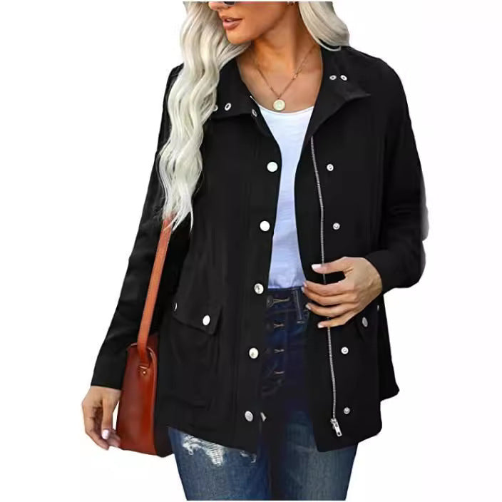 European And American Fashion Polo Collar Solid Color Cardigan Top