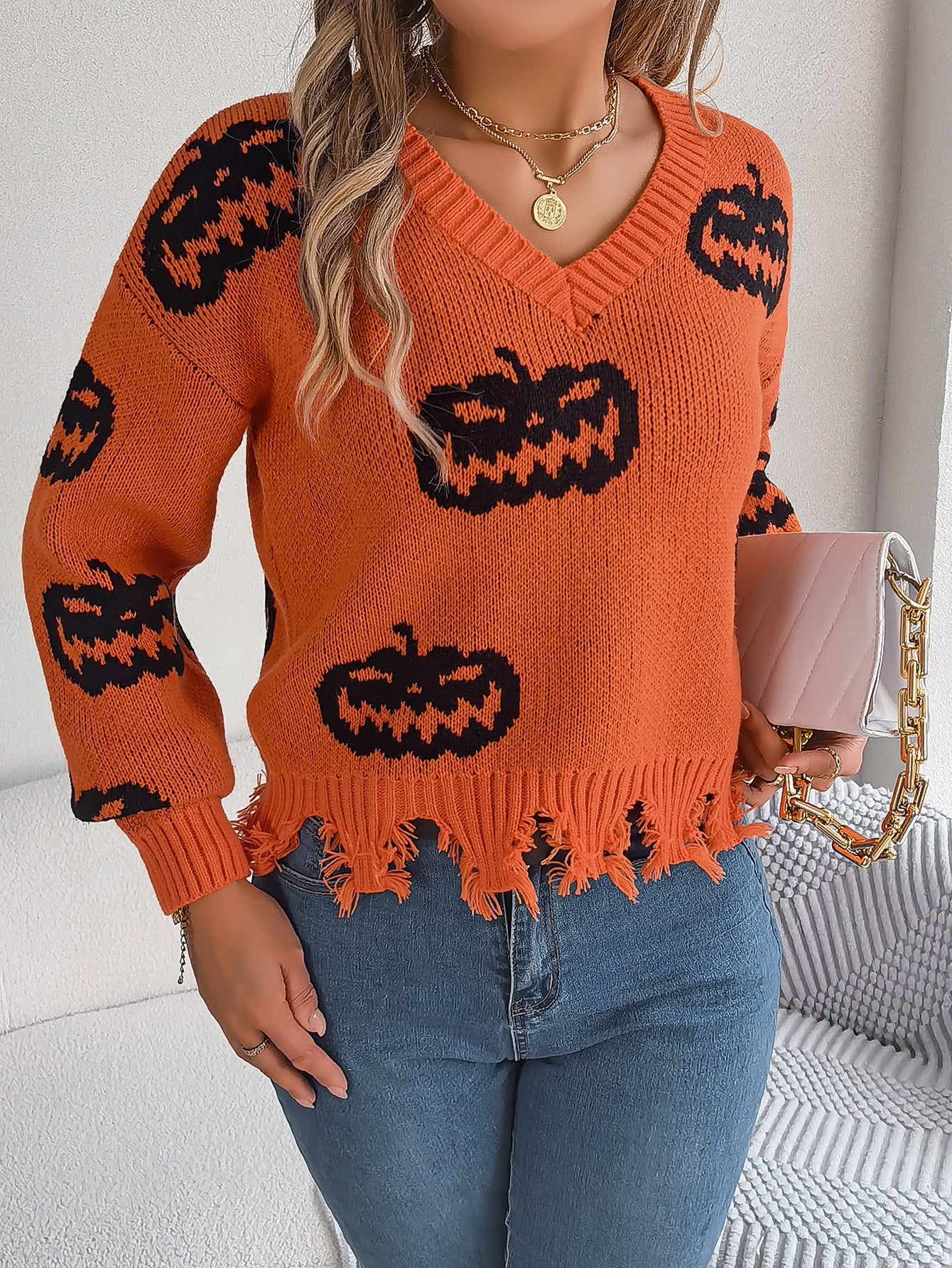 Women Color Block Pumpkin Distressed Long Sleeve Pullover Sweater