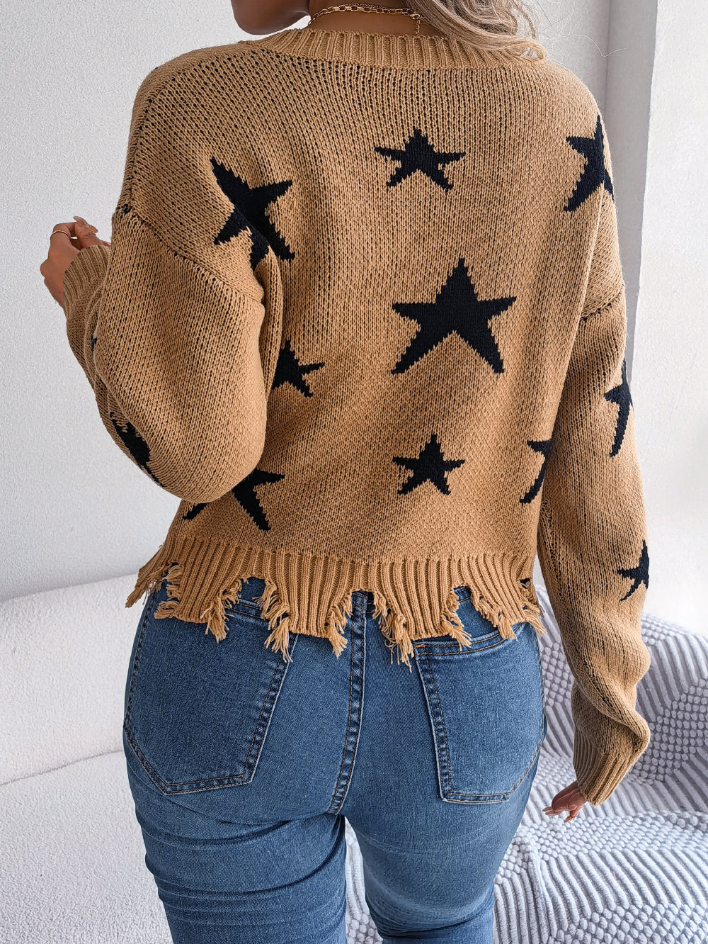 Women Casual V-Neck Star Distressed Long Sleeve Knit Sweater