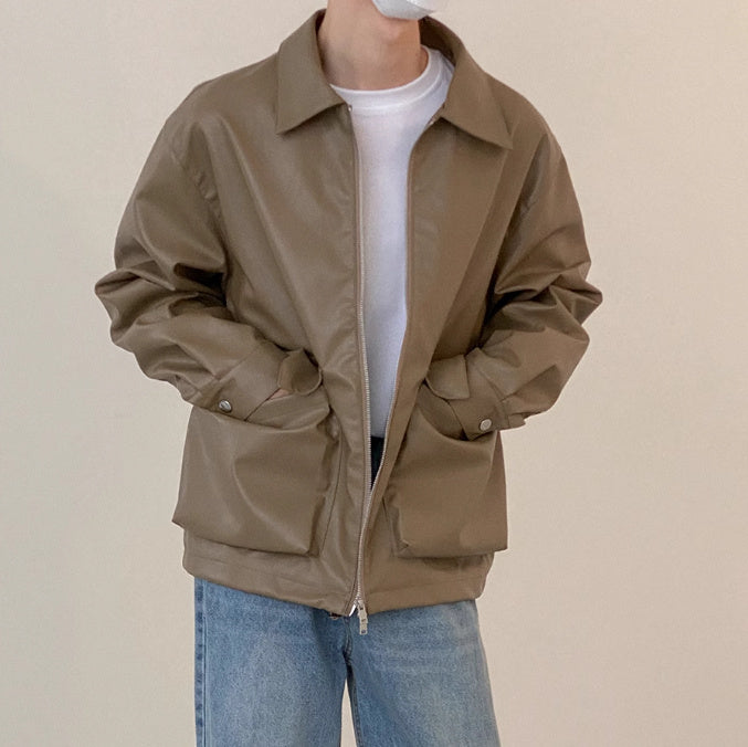 Large Pocket Zipper Leather Jacket for Men Spring and Autumn