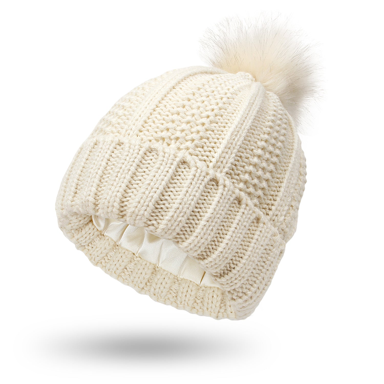 Winter Knitted Hats Fashion Stretchy Lined Skull Hats for Women Faux Fur Pompom Hat Keep Warming Beanie Hat