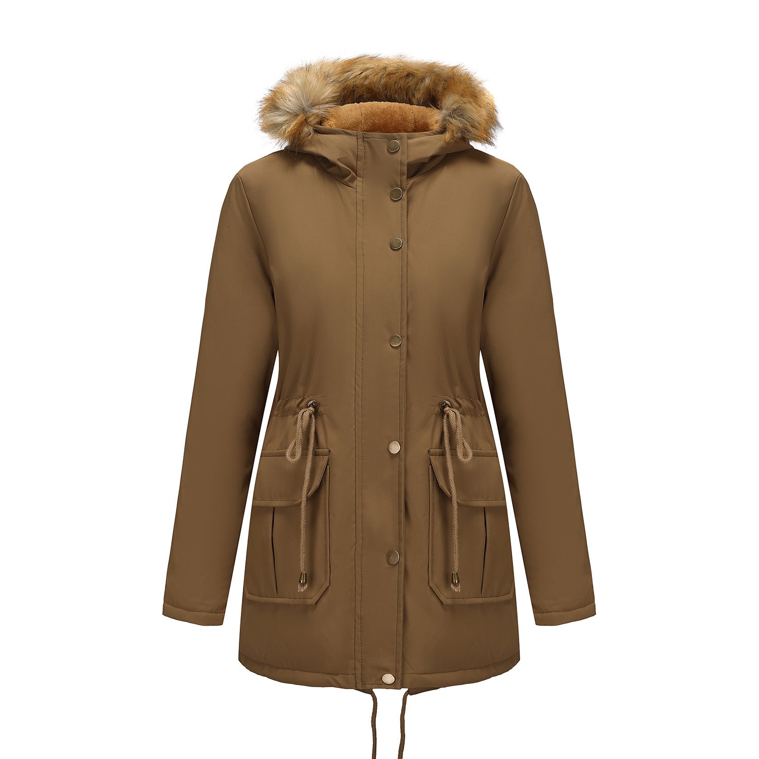 Hooded Women's Mid-Length Padded Coat with Fur Collar and Defined Waist