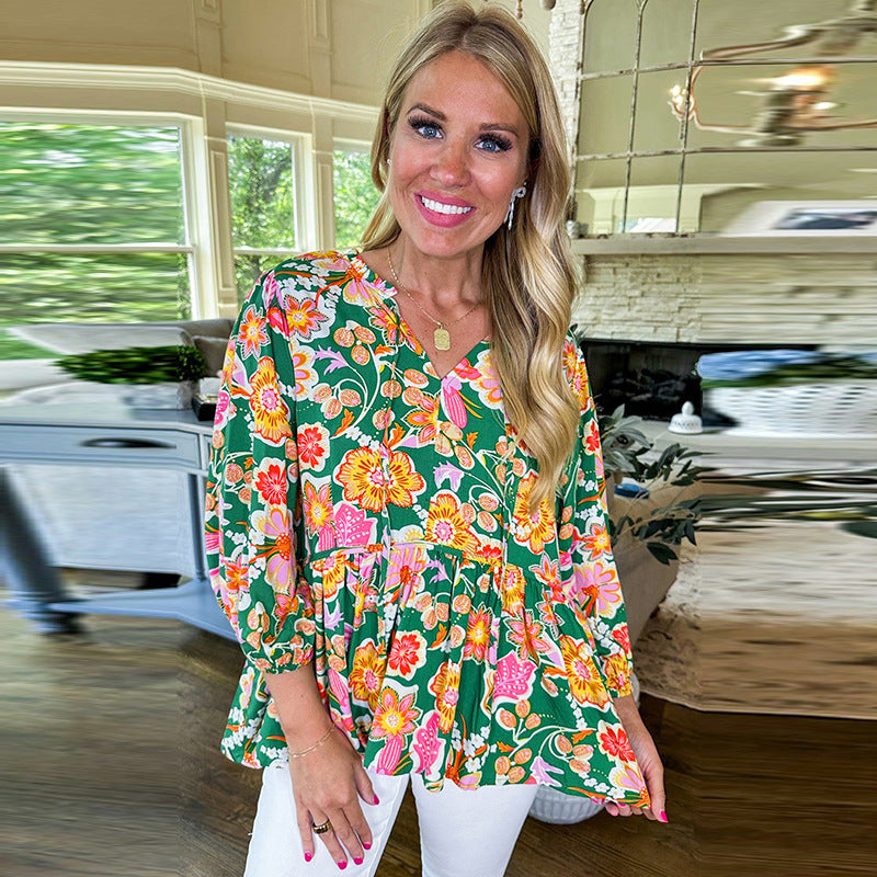 Loose Slim Fit V-neck Spring Floral Print Pullover Top