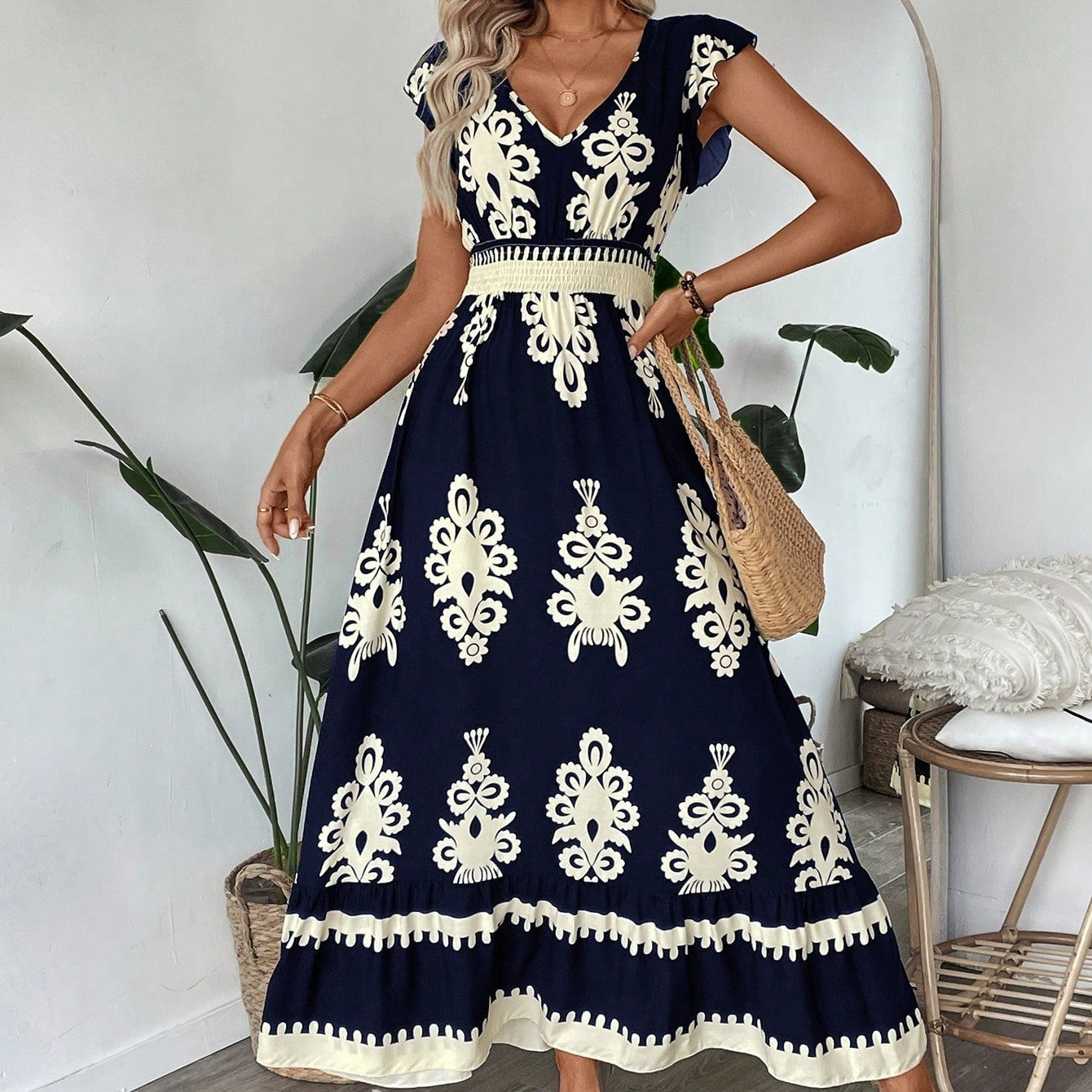 Trim Cap Sleeve Cinched Waist Ruffle Hem A-Line Dress