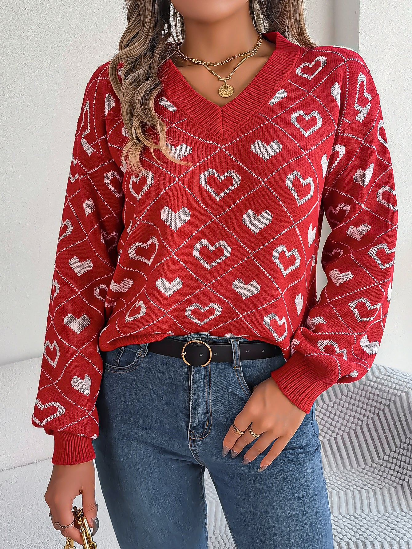 Women Sweet Color Block Heart Lantern Sleeve Pullover Sweater
