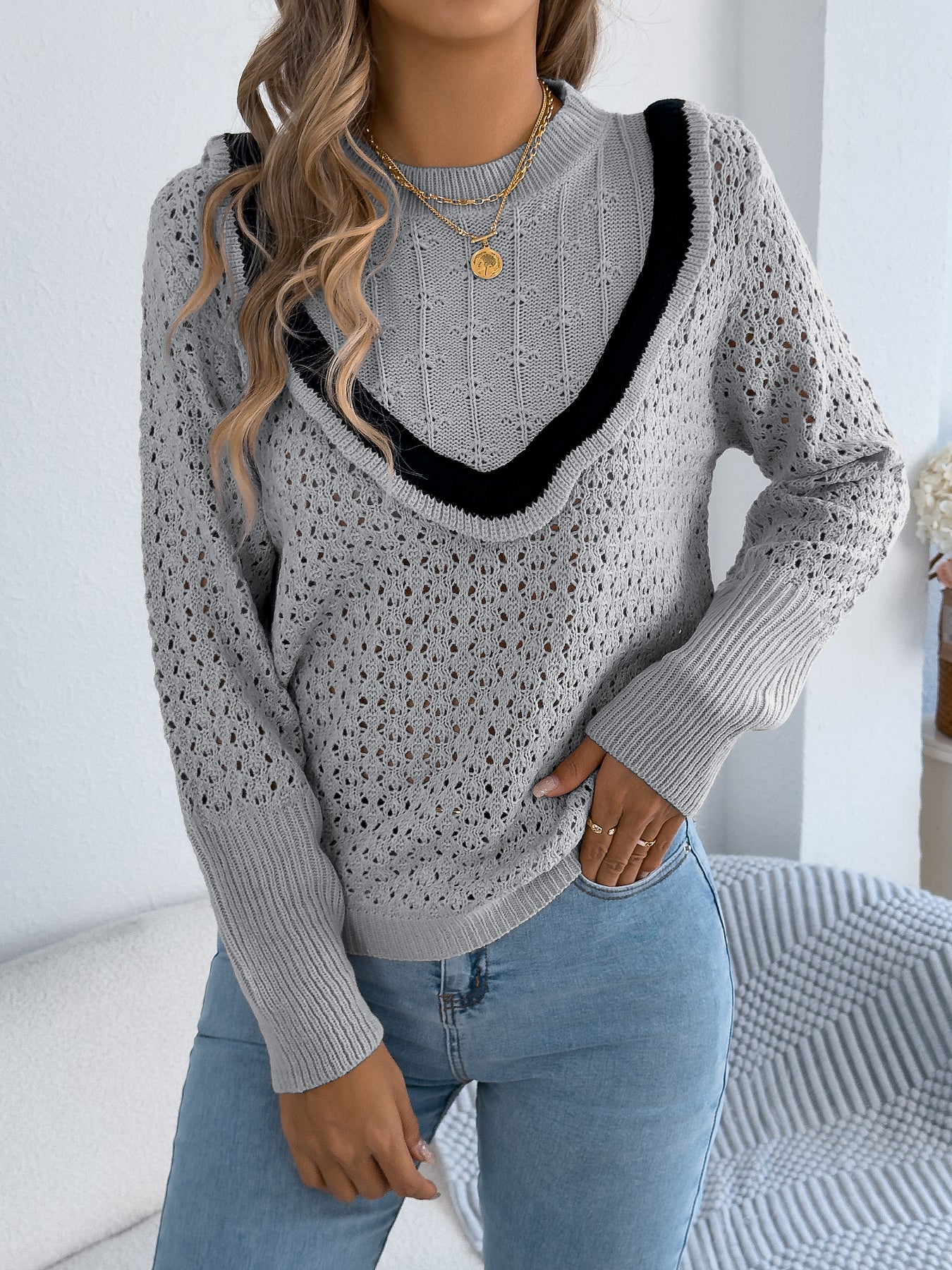 Women Ruffled Long Sleeve Pullover Sweater