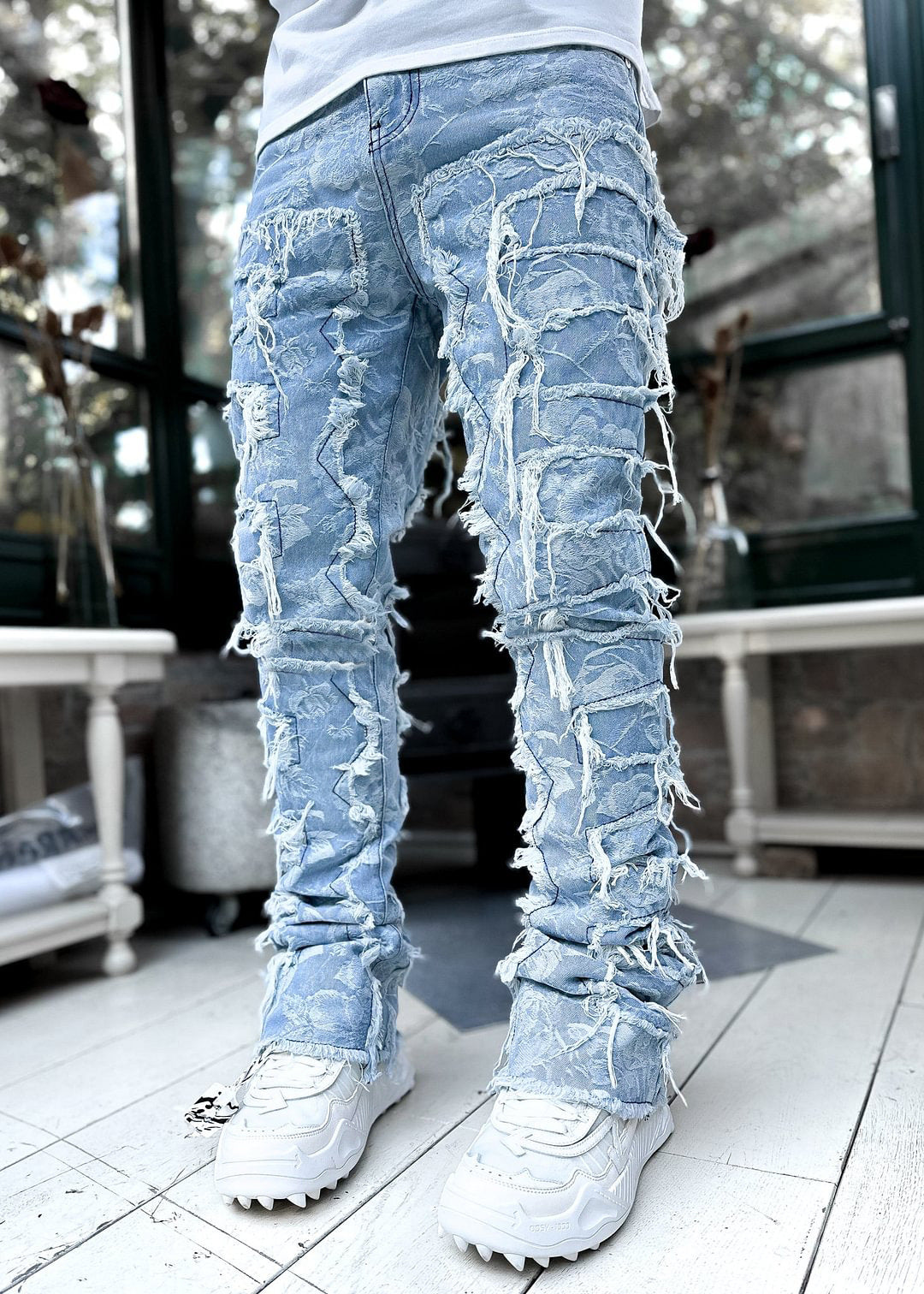 Ins Fringes Ripped Trousers Individual Patched Pants Long Tight Fit Stacked Jeans for Men Clothing