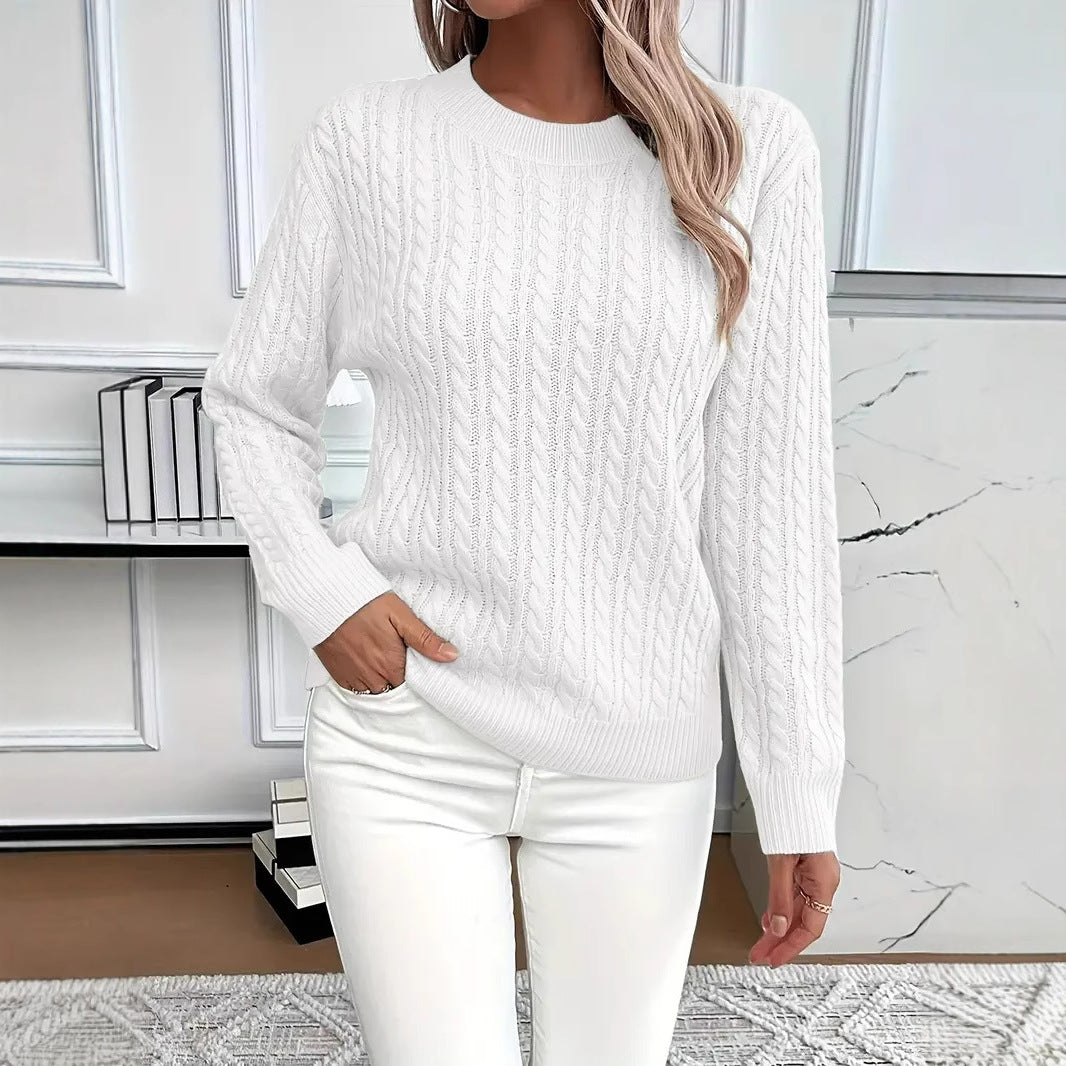Ins Twist Round Neck Pullover Sweater Fashion Solid Color Long-sleeved Knitted Top for Women