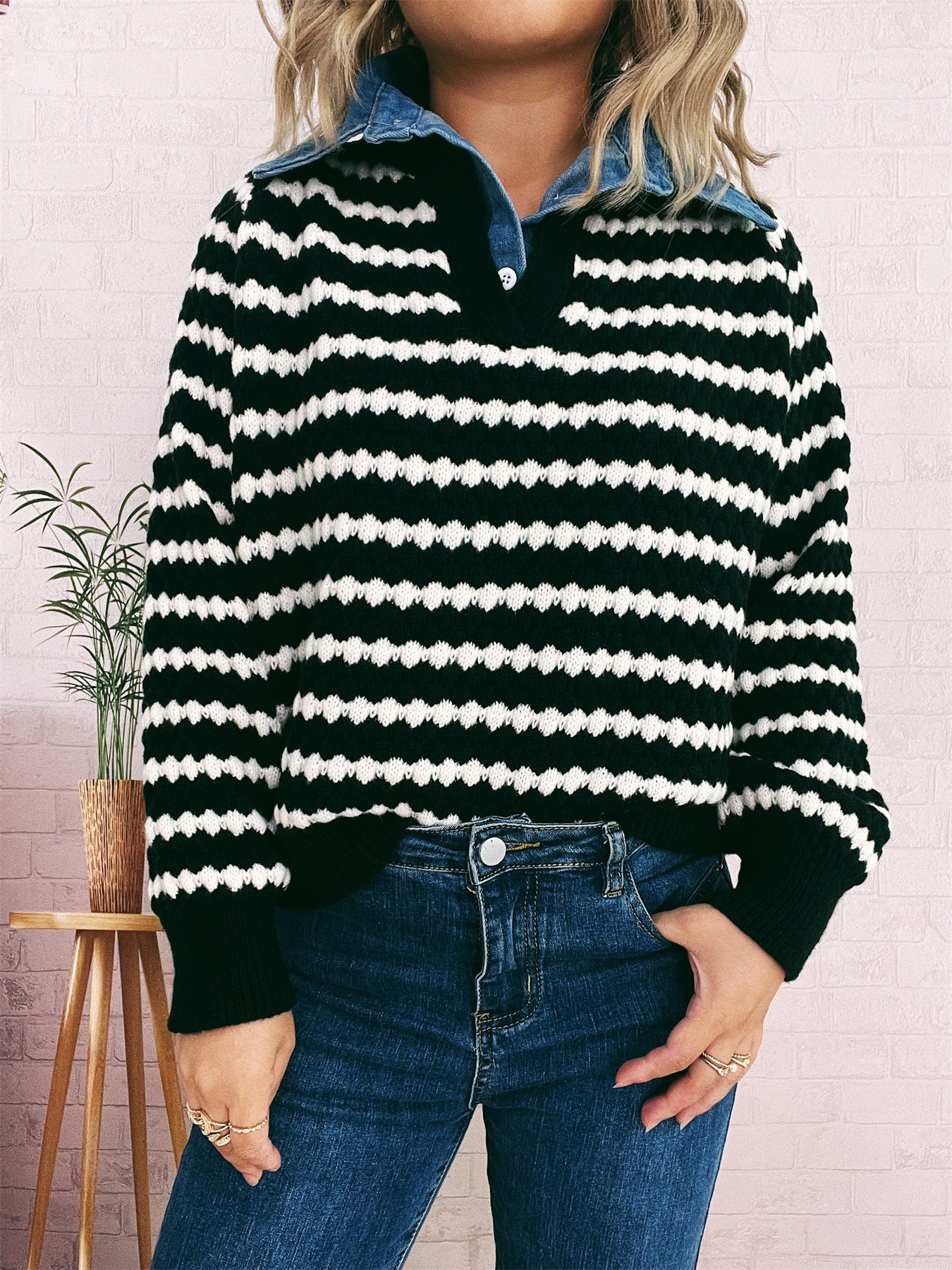 Women's Denim Patchwork Lapel Knitted Stripe Color Block Fake Two-piece Sweater