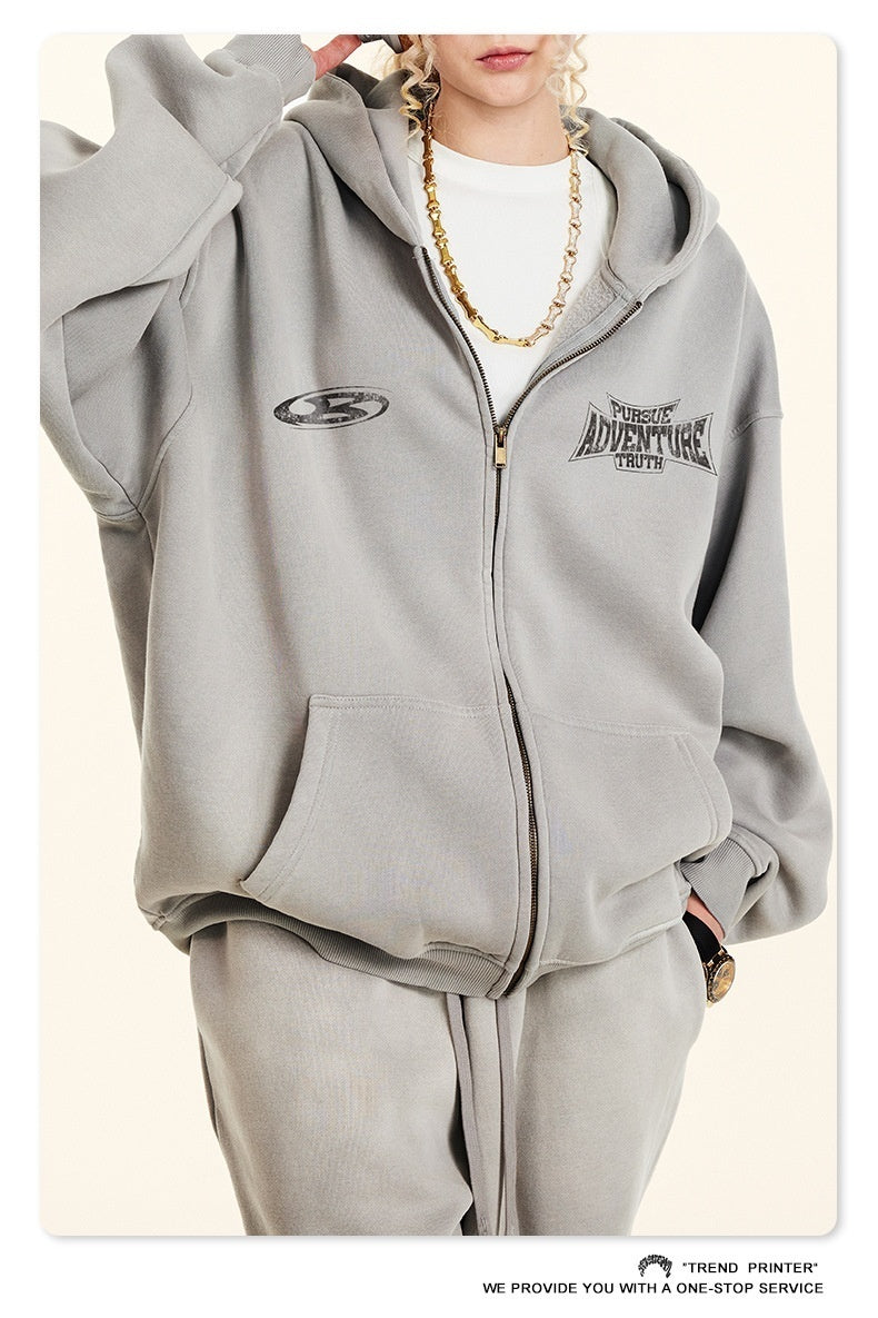 Retro Fashion Brand Dirty Dyed Distressed Oversize Loose Fleece Zipper Sweater