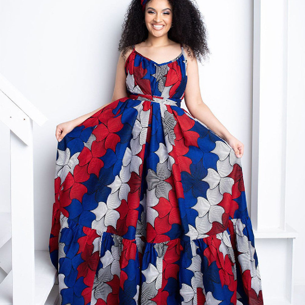 African's Strap Printed Holiday Big Hem Oversize Dress
