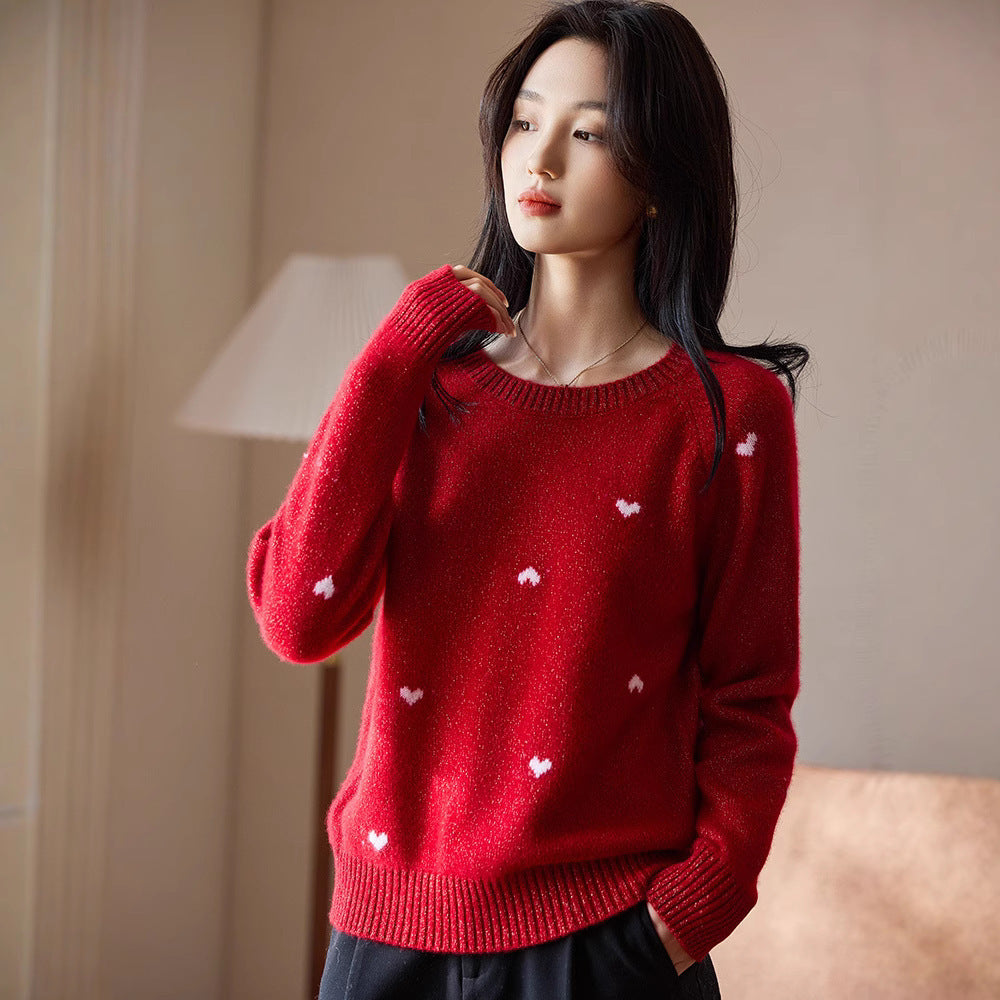 Women's High-end Red Crew-neck Sweater with Heart Motif