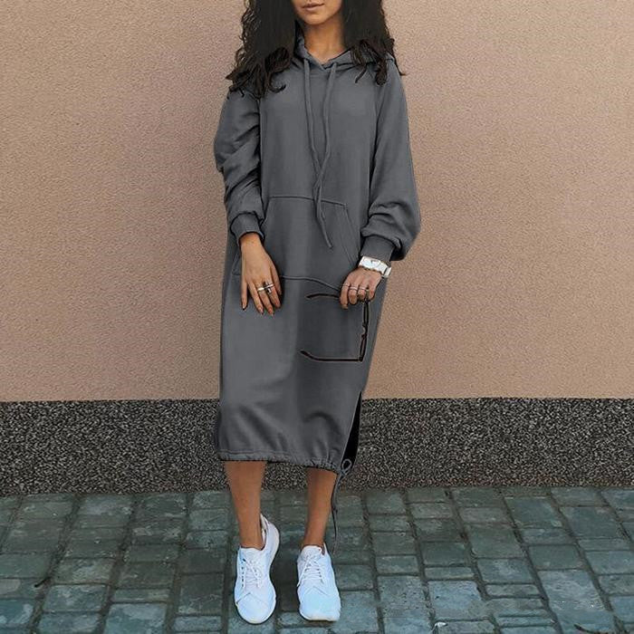 Women's Oversized Long Hooded Sweatshirt with Front Pocket & Split Hem - Cozy Fall Winter Warmth, Soft H-Line Silhouette, Solid Color Casual Pullover Sweater, Relaxed Fit Long Sleeve Tunic for Casual Attire (Grey Navy/) - Versatile Layering Essential