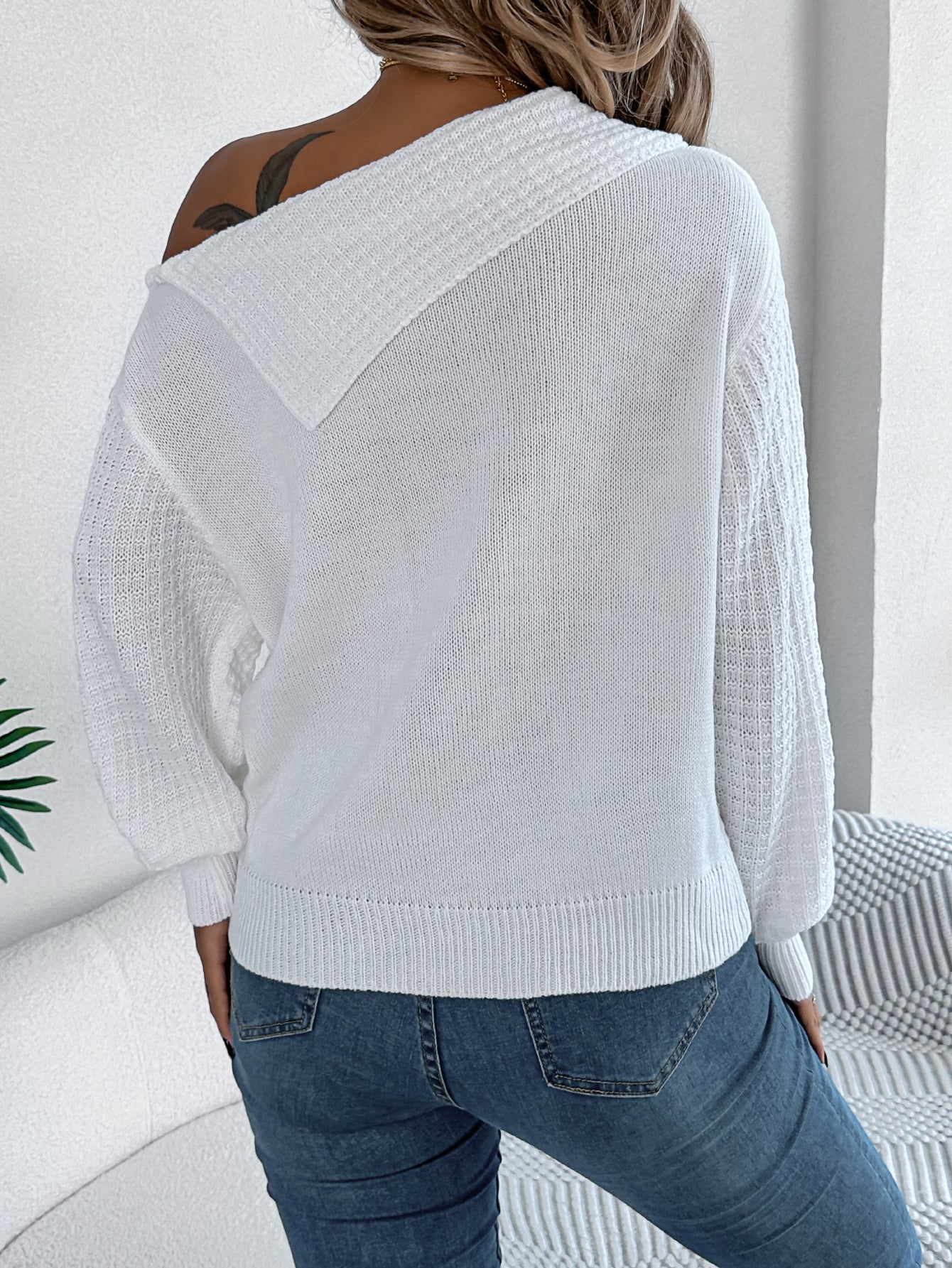 Women Casual Sexy Lapel Off-Shoulder Cable Knit Long Sleeve Pullover Sweater