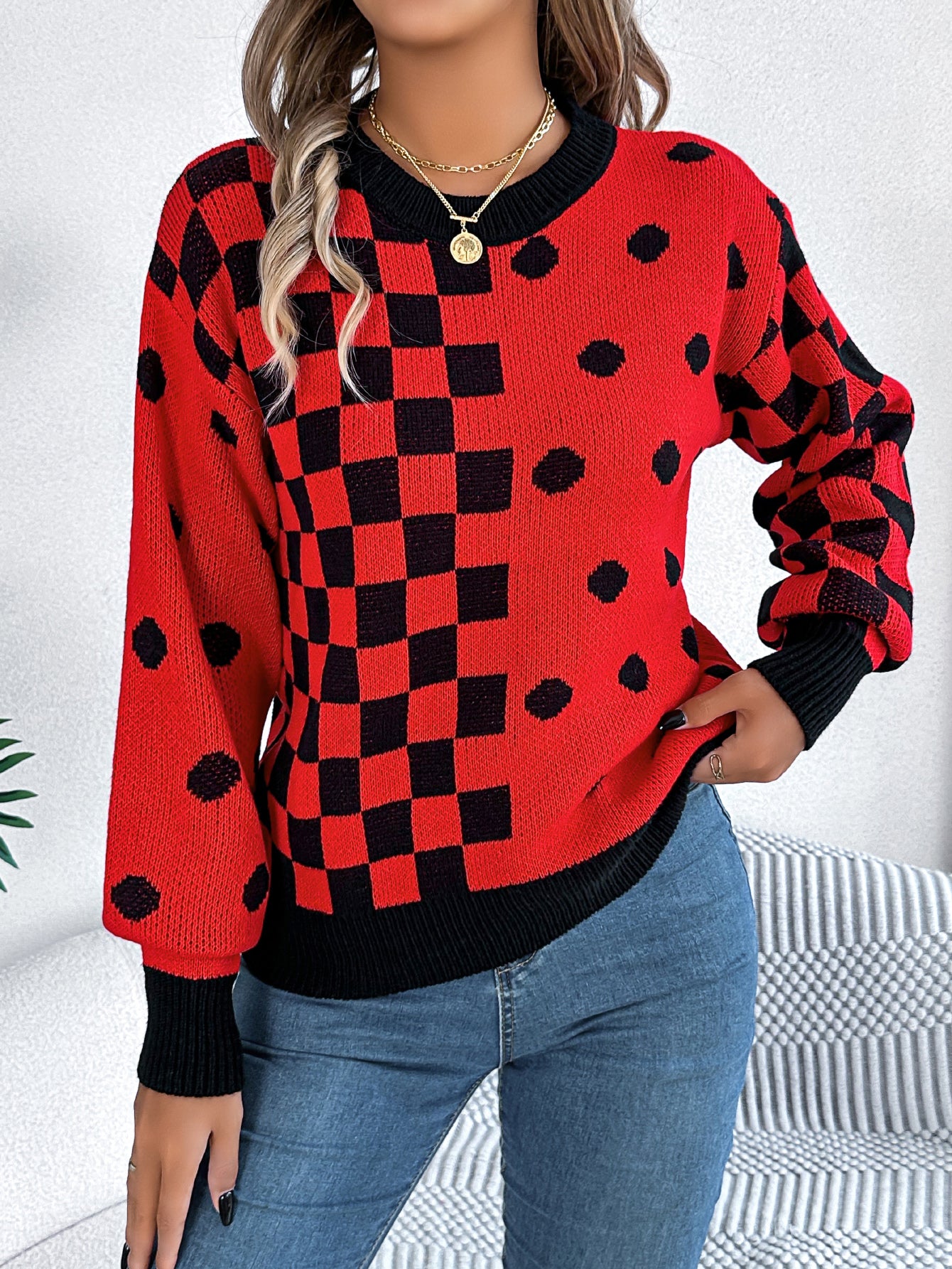Women Casual Color Block Polka Dot Plaid Lantern Sleeve Pullover Sweater