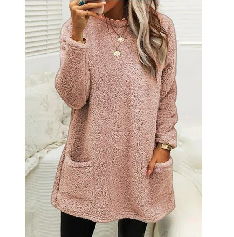 Women's Fleece Pullover Long Sweater With Pockets Winter Warm Thinken Sweatershirt Casual Long Sleeve Plush Tops Hoodie Coat Streetwear Fall Loose Outfits Hoodie Tops