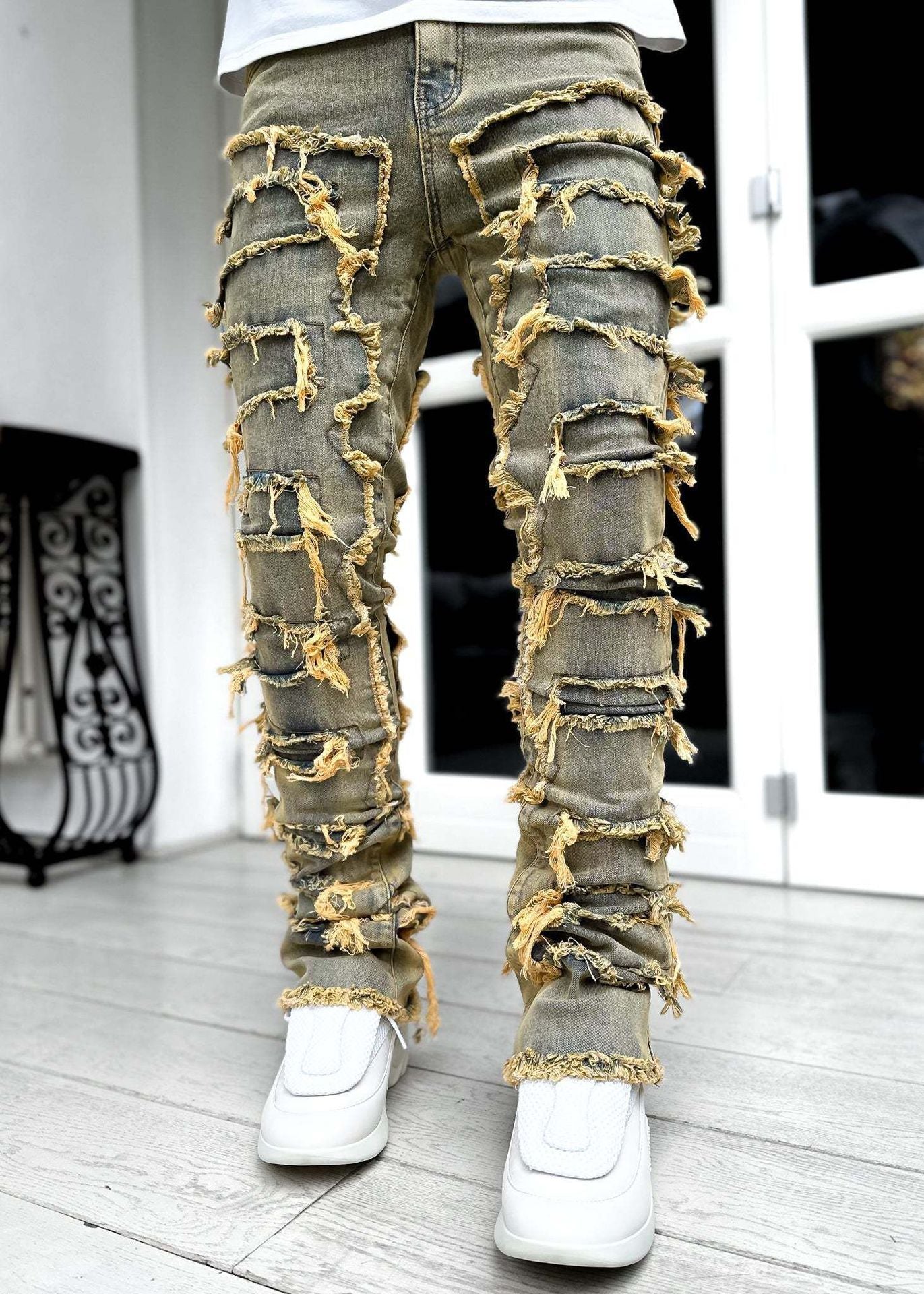 Ins Fringes Ripped Trousers Individual Patched Pants Long Tight Fit Stacked Jeans for Men Clothing
