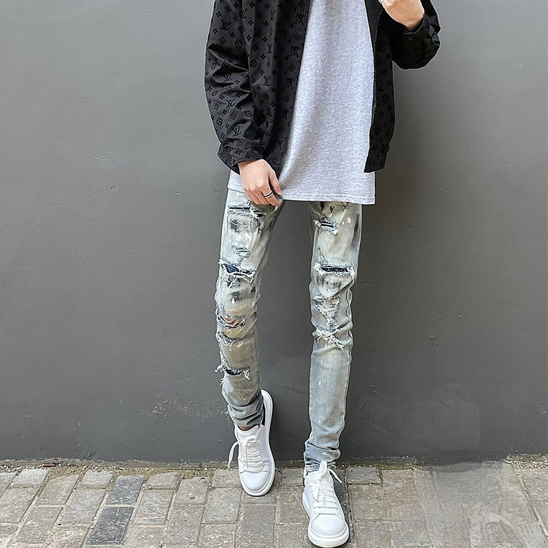 Handmade Splash-ink Blue Diamond Ripped Jeans for men
