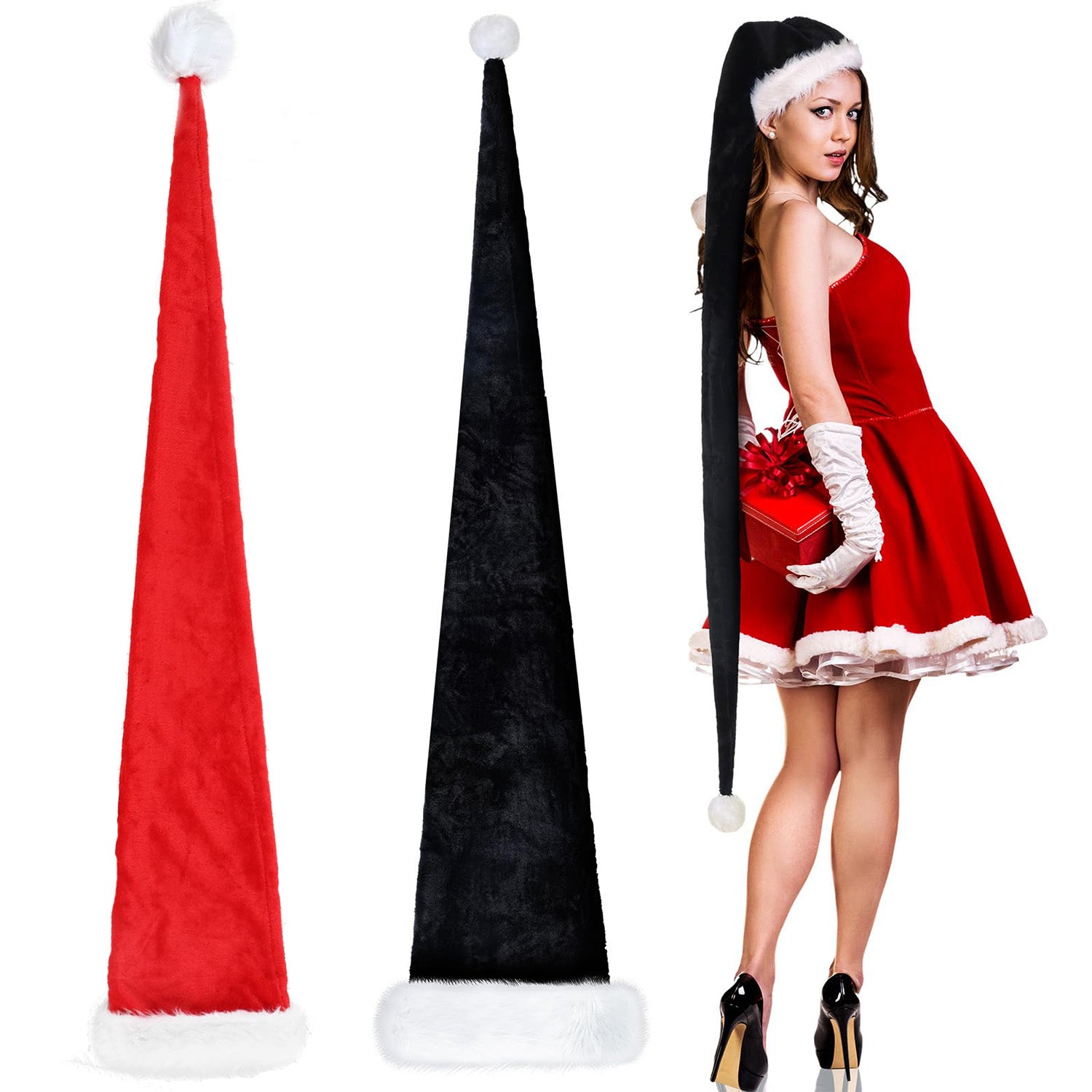 Extra Long Christmas Santa Hat Plush Christmas Decorations White Xmas Claus Cap for Party Costume