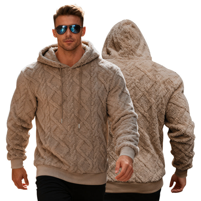 Plush Hooded Sweatshirt Winter Warm Long-sleeved Pullover Top Men's Casual Solid Color Fleece Hoodie Clothing