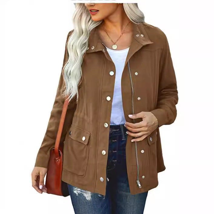 European And American Fashion Polo Collar Solid Color Cardigan Top