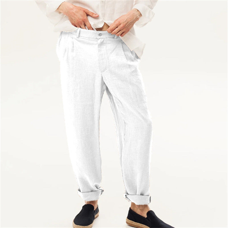Linen Front Dart Diagonal Pocket Loose Straight Casual Breathable Trousers for men