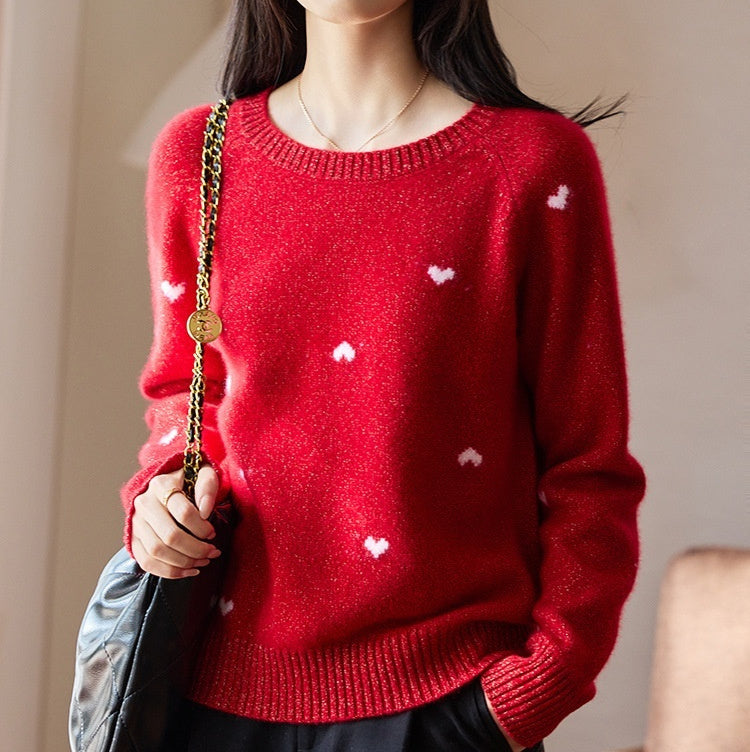 Women's High-end Red Crew-neck Sweater with Heart Motif