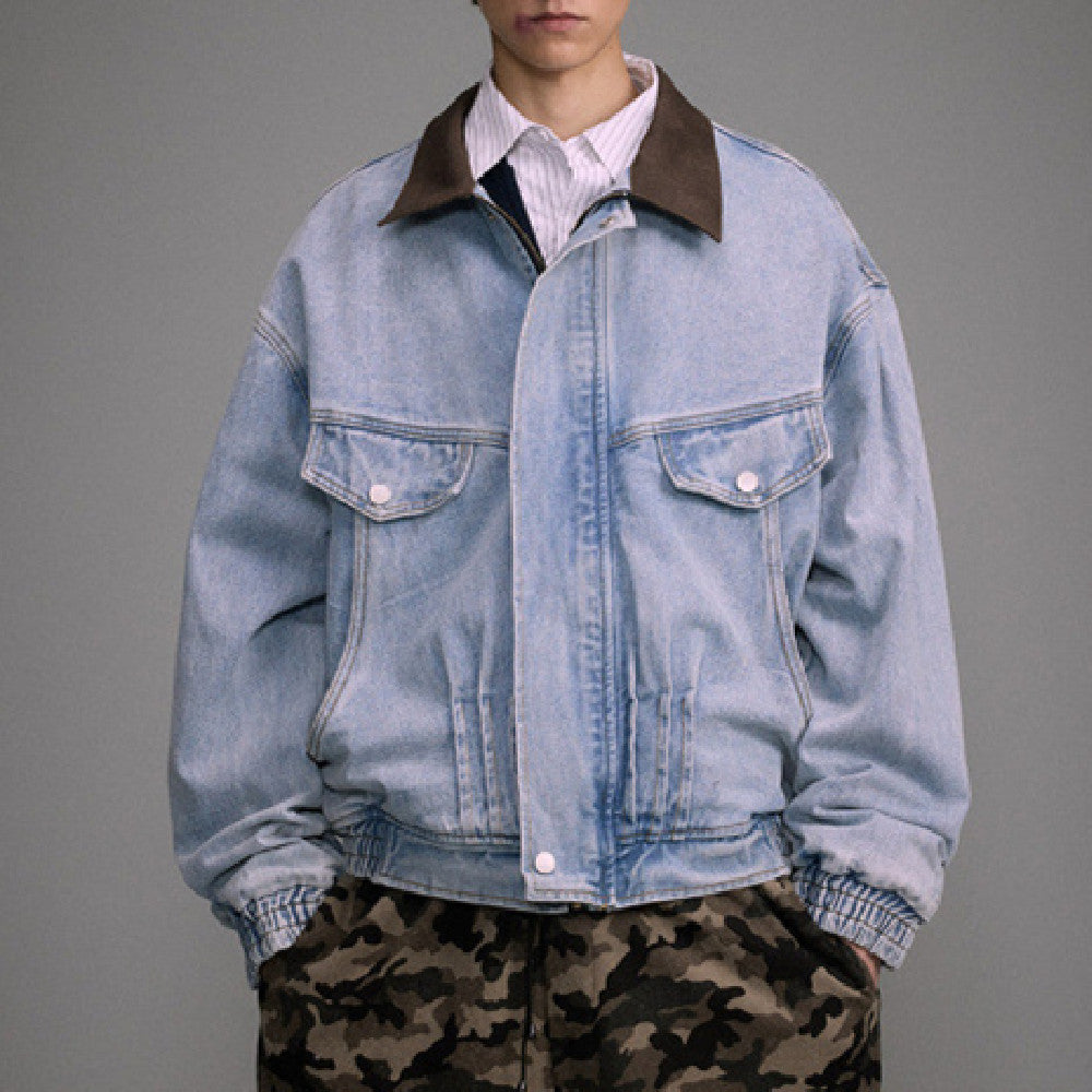 Loose Washed-out Lapel Workwear Denim Men's And Women's Motorcycle Jacket