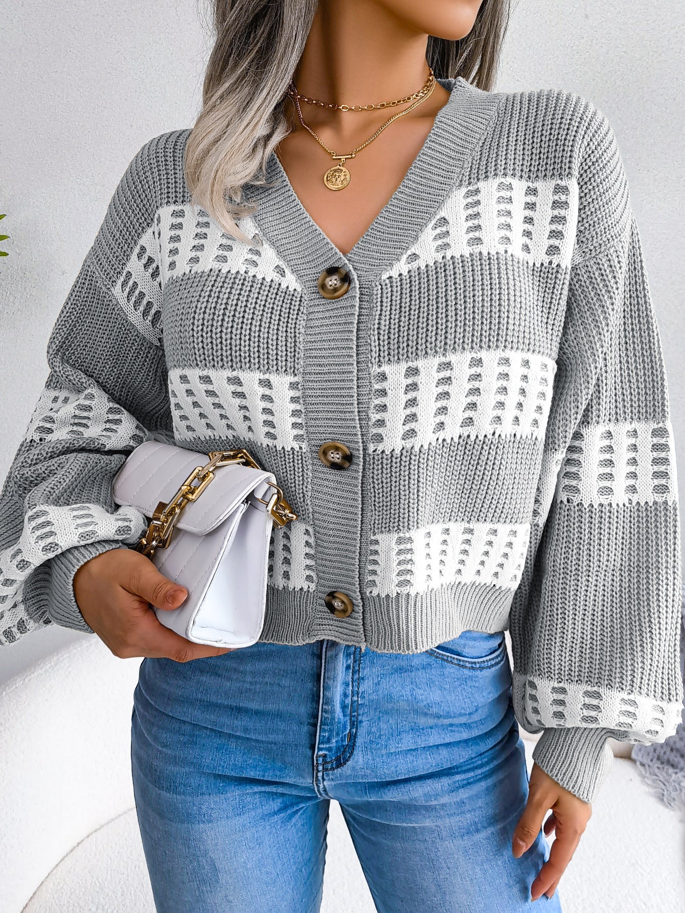 Women Designer Color Block Lantern Sleeve Cardigan Sweater Coat