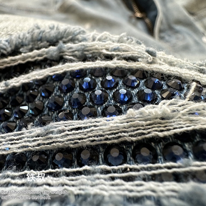 Handmade Splash-ink Blue Diamond Ripped Jeans for men